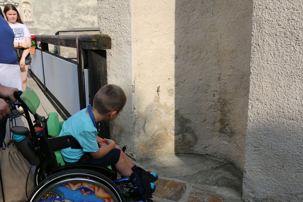 Bub in Rollstuhl betrachtet Eidechse an der Wand