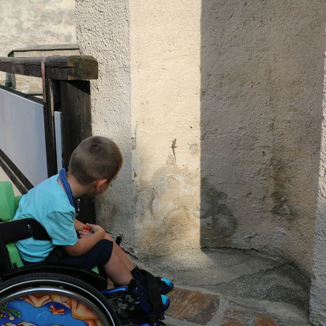 Bub in Rollstuhl betrachtet Eidechse an der Wand