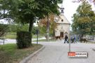 Gruppe mit Lamas vor Friedhofskapelle